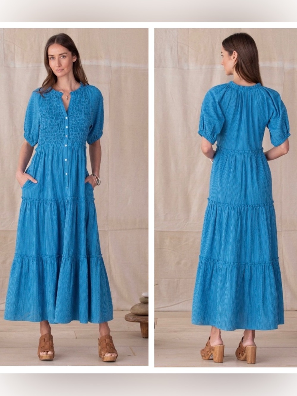 NWT Sundance Topsail blue seersucker tiered maxi dress XL prairie boho pockets